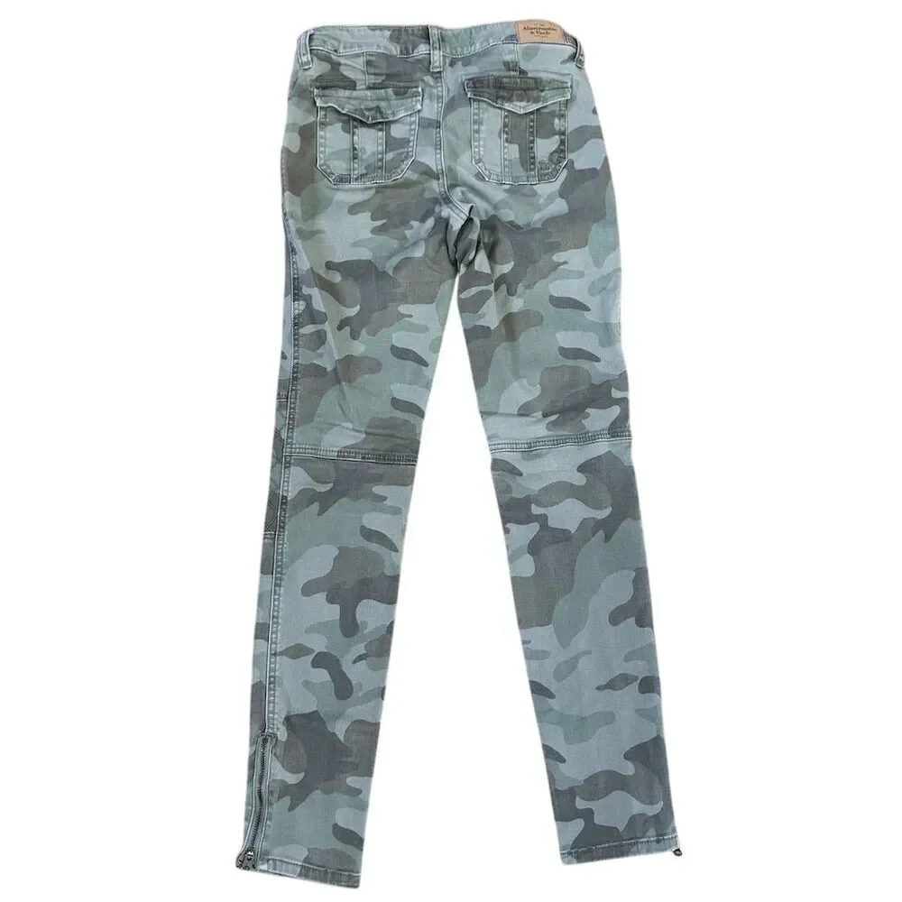 Abercrombie & Fitch Women's Camo Skinny Moto Jeans Size 0 Ankle Zippers